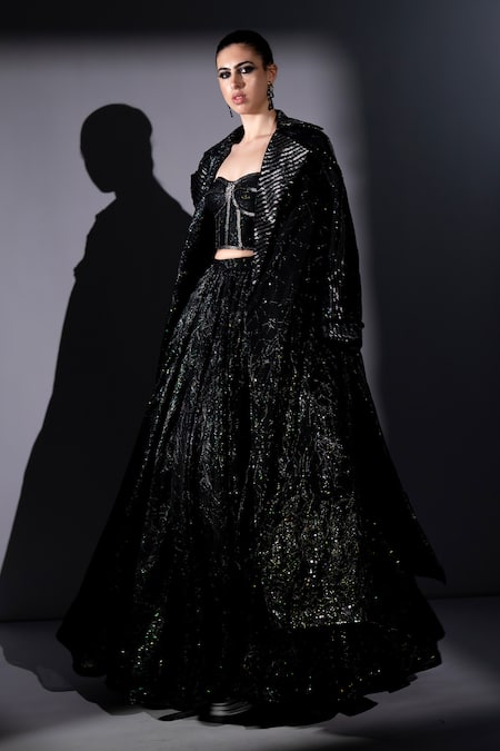 Shop_Nikita Mhaisalkar_Black Tulle Sequins, Embroidery, Zari Tonal Embellished Trench Coat And Skirt Set _Online_at_Aza_Fashions