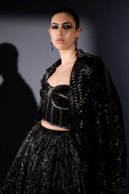 Nikita Mhaisalkar_Black Tulle Sequins, Embroidery, Zari Tonal Embellished Trench Coat And Skirt Set _at_Aza_Fashions