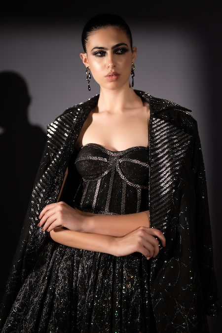 Shop_Nikita Mhaisalkar_Black Tulle Sequins, Embroidery, Zari Tonal Embellished Trench Coat And Skirt Set 