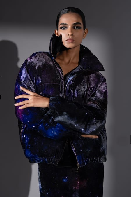 Buy_Nikita Mhaisalkar_Purple Velvet High Neck Galaxy Print Puffer Jacket _Online_at_Aza_Fashions