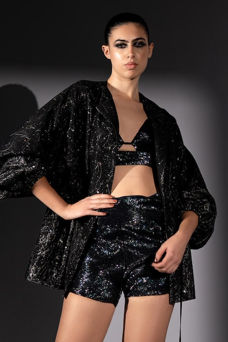 Shop_Nikita Mhaisalkar_Black Tulle Embroidery V-neck Holographic Space Bralette And Shorts Set _Online_at_Aza_Fashions