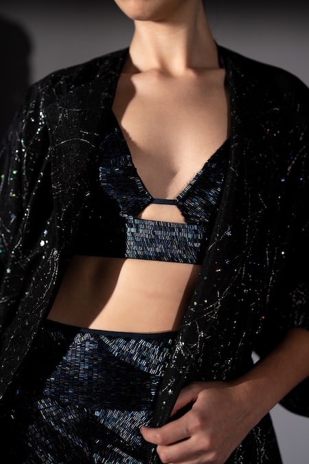 Buy_Nikita Mhaisalkar_Black Tulle Embroidery V-neck Holographic Space Bralette And Shorts Set 