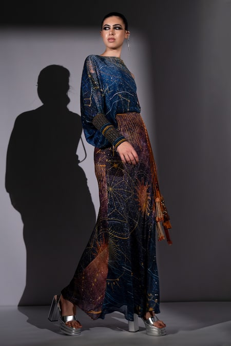 Nikita Mhaisalkar_Blue Georgette Sequins, Tassels Round Neck, Galaxy Placement Print Maxi Dress _Online_at_Aza_Fashions