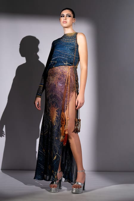 Buy_Nikita Mhaisalkar_Blue Georgette Sequins, Tassels Round Neck, Galaxy Placement Print Maxi Dress _Online_at_Aza_Fashions