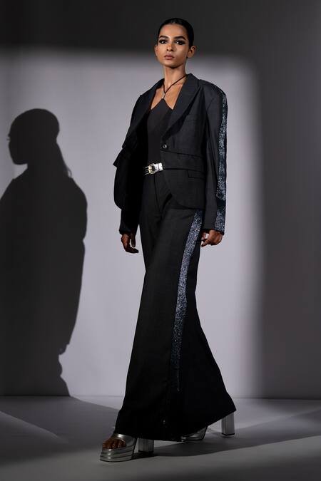Nikita Mhaisalkar_Gray Suiting Sequins Asymmetric Cutpipe Embroidered Blazer And Pant Set  _at_Aza_Fashions
