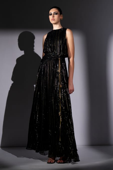 Nikita Mhaisalkar_Black Georgette, Lurex Metallic Thread Round Neck Galaxy Knot Maxi Dress _Online_at_Aza_Fashions
