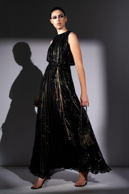 Buy_Nikita Mhaisalkar_Black Georgette, Lurex Metallic Thread Round Neck Galaxy Knot Maxi Dress _Online_at_Aza_Fashions