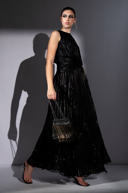 Shop_Nikita Mhaisalkar_Black Georgette, Lurex Metallic Thread Round Neck Galaxy Knot Maxi Dress _Online_at_Aza_Fashions