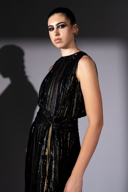 Nikita Mhaisalkar_Black Georgette, Lurex Metallic Thread Round Neck Galaxy Knot Maxi Dress _at_Aza_Fashions