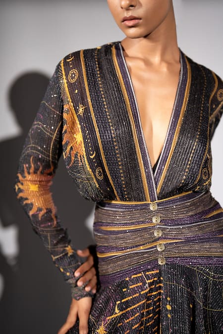 Buy_Nikita Mhaisalkar_Purple Georgette Sequins V-neck Placement Print High-low Maxi Dress _Online_at_Aza_Fashions