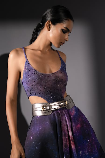 Nikita Mhaisalkar_Purple Lycra Crystals Scoop Neck Galaxy Cut-out Swaroski Embellished Bodysuit _Online_at_Aza_Fashions