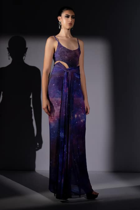 Buy_Nikita Mhaisalkar_Purple Lycra Galaxy Print Draped Bodycon Skirt _Online_at_Aza_Fashions