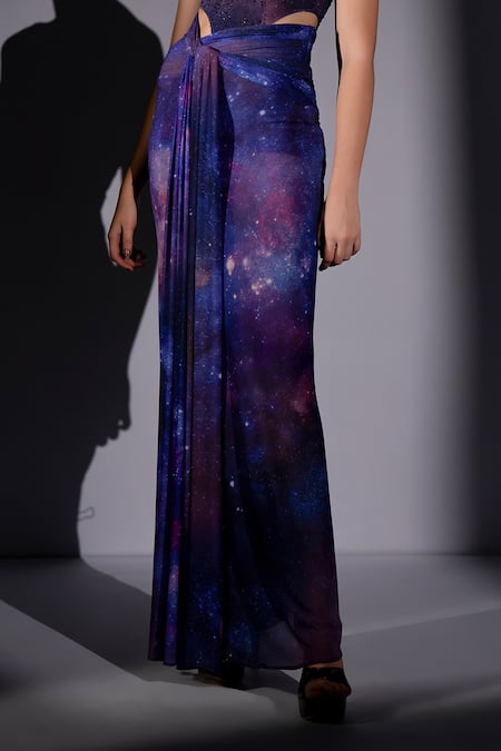 Nikita Mhaisalkar_Purple Lycra Galaxy Print Draped Bodycon Skirt _at_Aza_Fashions