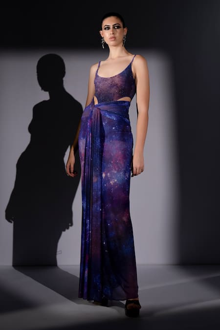 Buy_Nikita Mhaisalkar_Purple Lycra Galaxy Print Draped Bodycon Skirt 