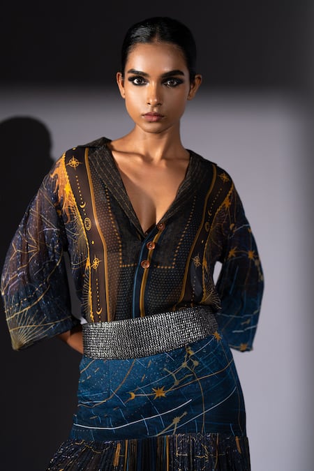 Buy_Nikita Mhaisalkar_Blue Georgette V-neck Galaxy Placement Print Blouse _Online_at_Aza_Fashions