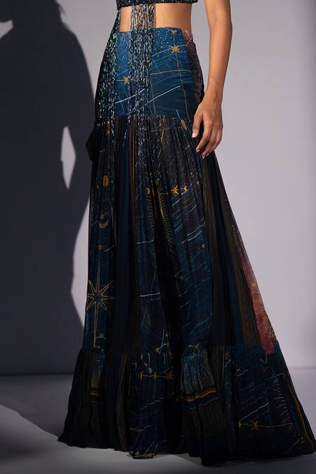 Shop_Nikita Mhaisalkar_Blue Georgette Galaxy Print Pleated Flare Skirt _Online_at_Aza_Fashions