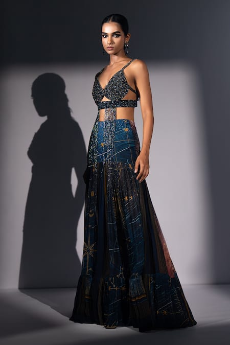 Nikita Mhaisalkar_Blue Tulle Beads, Tassels V-neck Holographic Space Embroidered Bralette _Online_at_Aza_Fashions