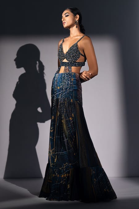 Buy_Nikita Mhaisalkar_Blue Tulle Beads, Tassels V-neck Holographic Space Embroidered Bralette _Online_at_Aza_Fashions