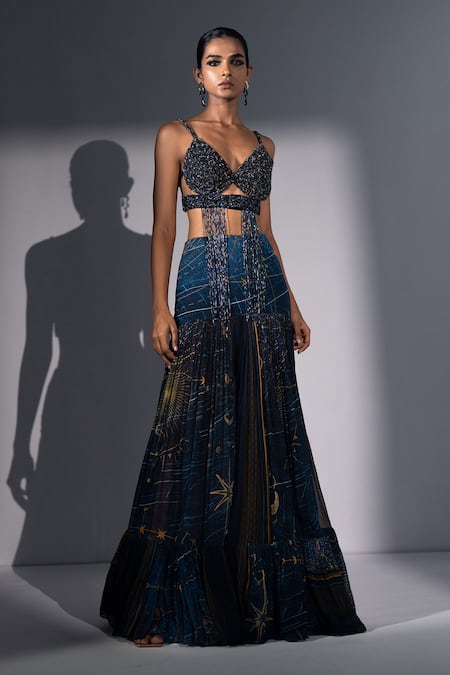 Shop_Nikita Mhaisalkar_Blue Tulle Beads, Tassels V-neck Holographic Space Embroidered Bralette _Online_at_Aza_Fashions
