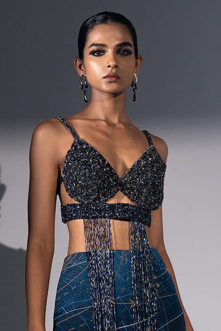 Buy_Nikita Mhaisalkar_Blue Tulle Beads, Tassels V-neck Holographic Space Embroidered Bralette 
