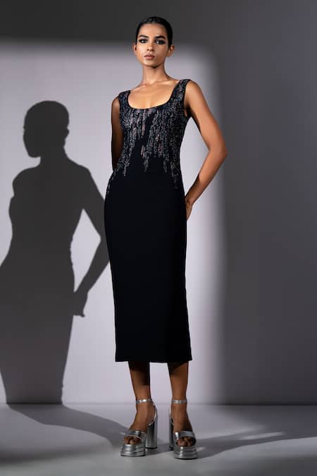 Shop_Nikita Mhaisalkar_Black Suiting Embroidery Scoop Neck Meteor Midi Dress _Online_at_Aza_Fashions