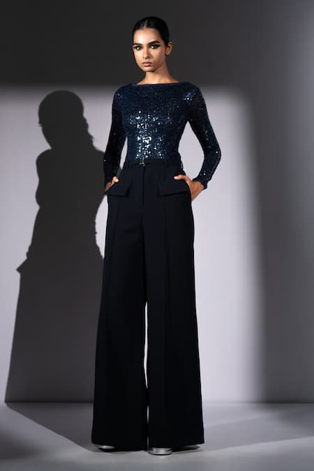 Buy_Nikita Mhaisalkar_Navy Georgette Sequins Boat Neck Sheeted Bodysuit _Online_at_Aza_Fashions