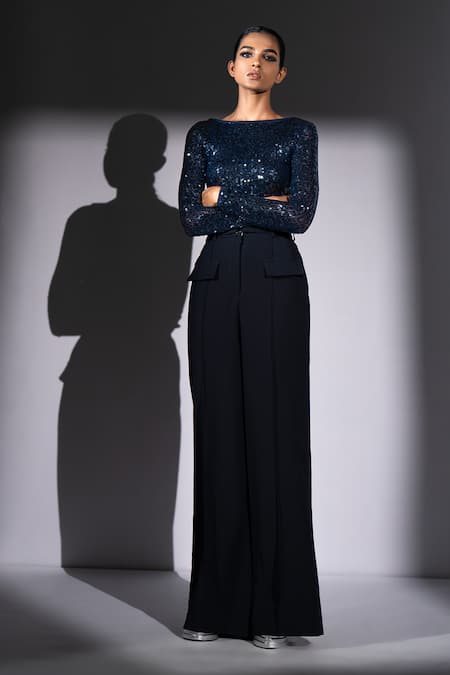 Shop_Nikita Mhaisalkar_Navy Georgette Sequins Boat Neck Sheeted Bodysuit _Online_at_Aza_Fashions