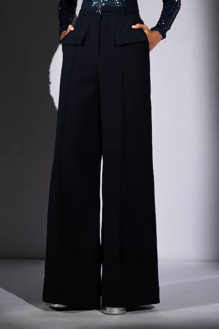 Nikita Mhaisalkar_Navy Suiting Luxe Wide Leg Trouser _Online_at_Aza_Fashions