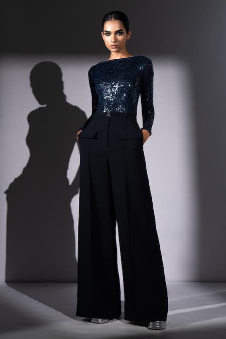 Buy_Nikita Mhaisalkar_Navy Suiting Luxe Wide Leg Trouser _Online_at_Aza_Fashions