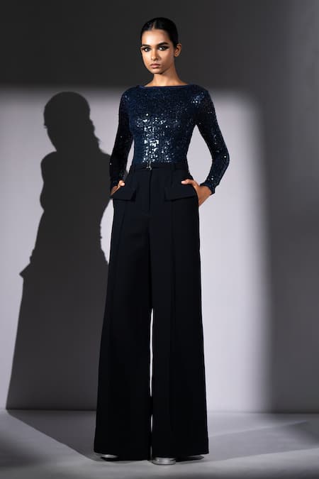 Shop_Nikita Mhaisalkar_Navy Suiting Luxe Wide Leg Trouser _Online_at_Aza_Fashions