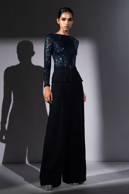 Nikita Mhaisalkar_Navy Suiting Luxe Wide Leg Trouser _at_Aza_Fashions