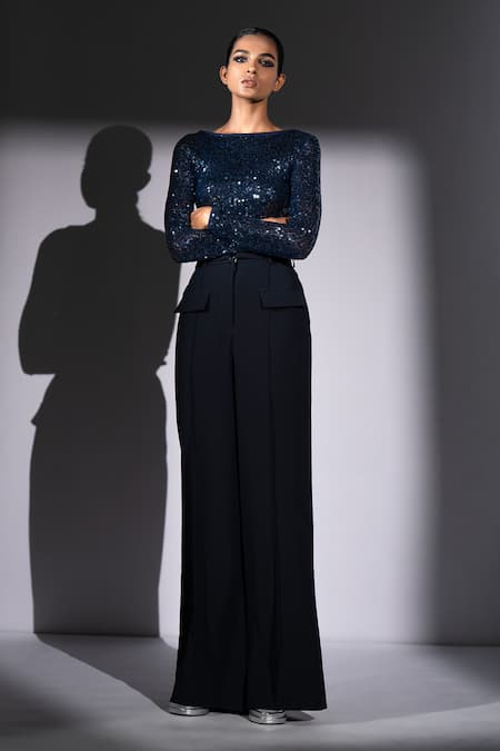 Buy_Nikita Mhaisalkar_Navy Suiting Luxe Wide Leg Trouser 