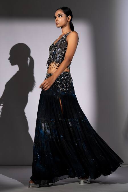 Buy_Nikita Mhaisalkar_Black Georgette Embroidery, Sequins, Beads V-neck Top And Long Skirt Set _Online_at_Aza_Fashions