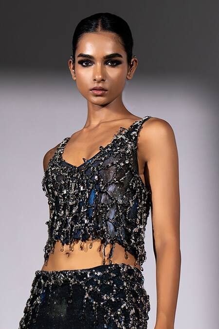 Shop_Nikita Mhaisalkar_Black Georgette Embroidery, Sequins, Beads V-neck Top And Long Skirt Set _Online_at_Aza_Fashions