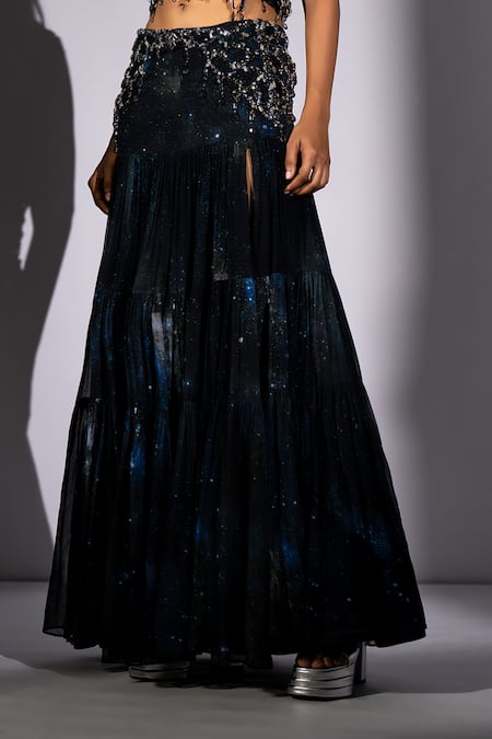 Buy_Nikita Mhaisalkar_Black Georgette Embroidery, Sequins, Beads V-neck Top And Long Skirt Set 