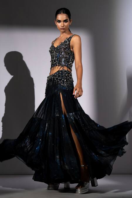 Shop_Nikita Mhaisalkar_Black Georgette Embroidery, Sequins, Beads V-neck Top And Long Skirt Set 