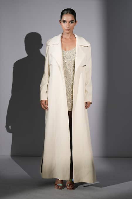 Shop_Nikita Mhaisalkar_White Suiting Collared Long Trench Coat _Online_at_Aza_Fashions