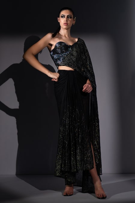 Nikita Mhaisalkar Holographic Embroidered Corset & Draped Saree Set 