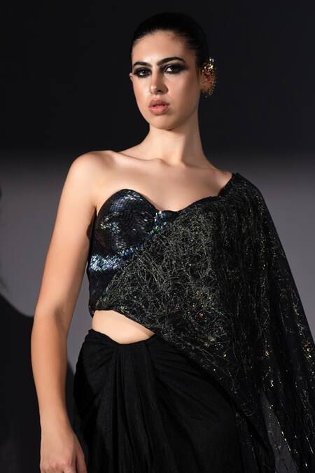 Buy_Nikita Mhaisalkar_Black Tulle Sequins, Metallic Holographic Embroidered Corset And Draped Saree Set _Online_at_Aza_Fashions