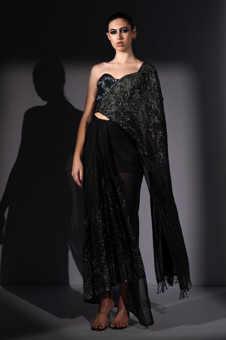 Shop_Nikita Mhaisalkar_Black Tulle Sequins, Metallic Holographic Embroidered Corset And Draped Saree Set _Online_at_Aza_Fashions