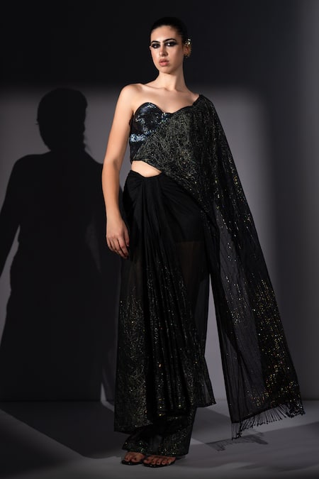 Nikita Mhaisalkar Holographic Embroidered Corset & Draped Saree Set 