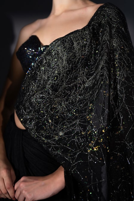 Nikita Mhaisalkar_Black Tulle Sequins, Metallic Holographic Embroidered Corset And Draped Saree Set _at_Aza_Fashions