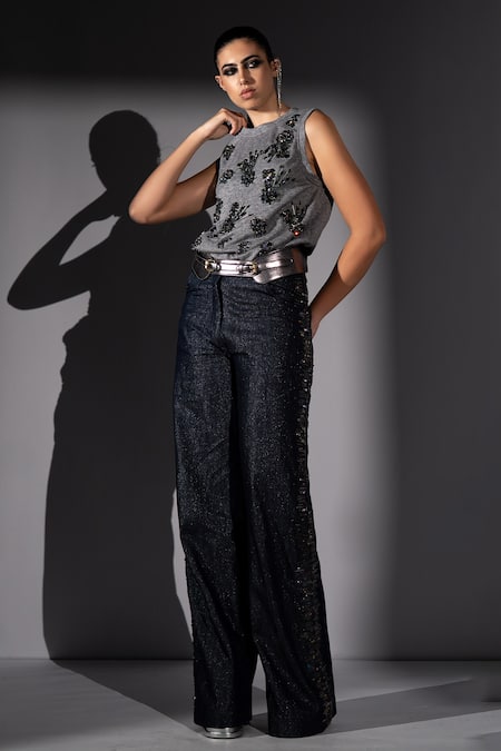 Buy_Nikita Mhaisalkar_Gray Knit Embroidery, Sequins Round Neck Sleeveless T-shirt With Cluster _Online_at_Aza_Fashions