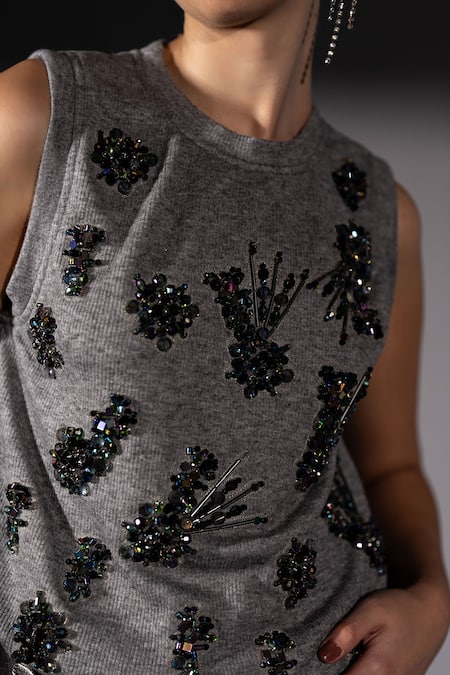 Shop_Nikita Mhaisalkar_Gray Knit Embroidery, Sequins Round Neck Sleeveless T-shirt With Cluster _Online_at_Aza_Fashions