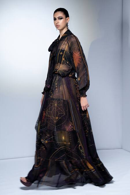 Nikita Mhaisalkar_Purple Georgette Collared Placement Print Tie-up Maxi Dress _Online_at_Aza_Fashions