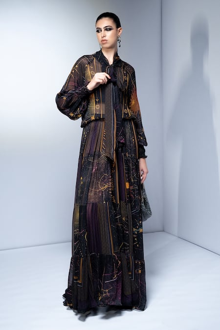 Buy_Nikita Mhaisalkar_Purple Georgette Collared Placement Print Tie-up Maxi Dress _Online_at_Aza_Fashions