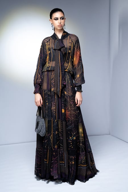 Nikita Mhaisalkar_Purple Georgette Collared Placement Print Tie-up Maxi Dress _at_Aza_Fashions