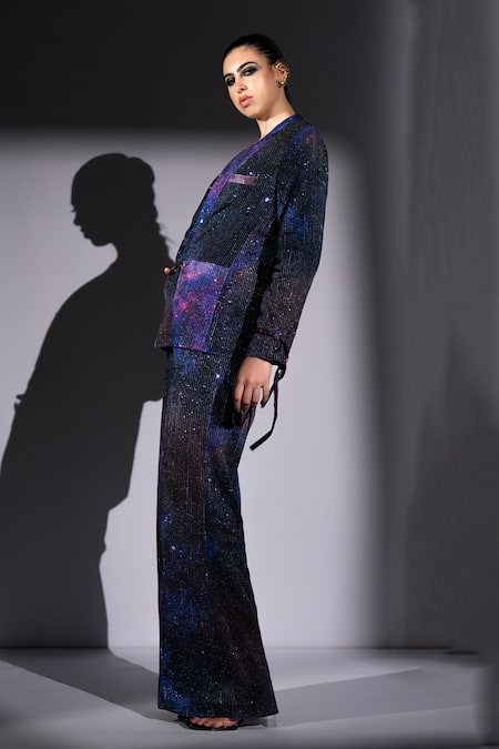 Shop Nikita Mhaisalkar Purple Georgette Sequins Galaxy Print Blazer And Pant Set Online at Aza Fashions Shop_Nikita Mhaisalkar_Purple Georgette Sequins Galaxy Print Blazer And Pant Set _Online_at_Aza_Fashions