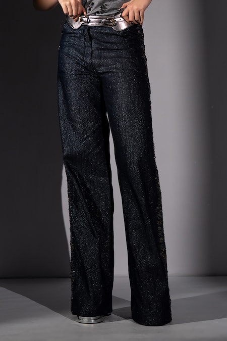 Nikita Mhaisalkar_Blue Denim Embroidery Holographic Pant _Online_at_Aza_Fashions