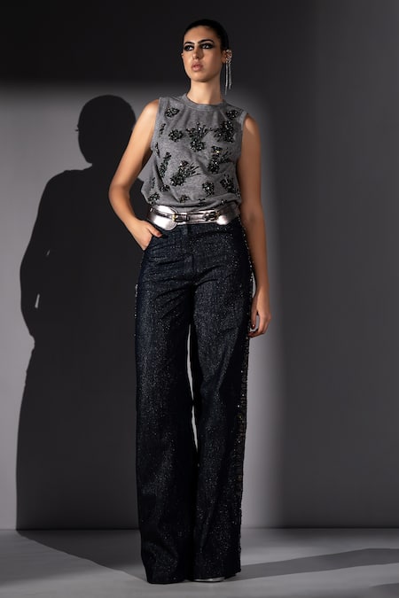 Buy_Nikita Mhaisalkar_Blue Denim Embroidery Holographic Pant _Online_at_Aza_Fashions